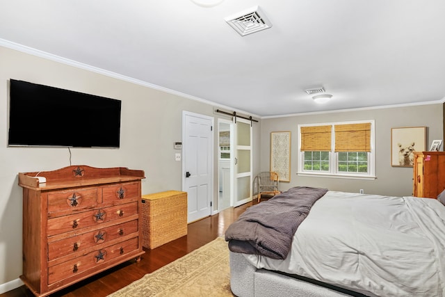 112 Greenbrier Rd, Trumbull, CT 06611 - bedroom featuring ornamental molding, dark wood-type flooring, and a barn door