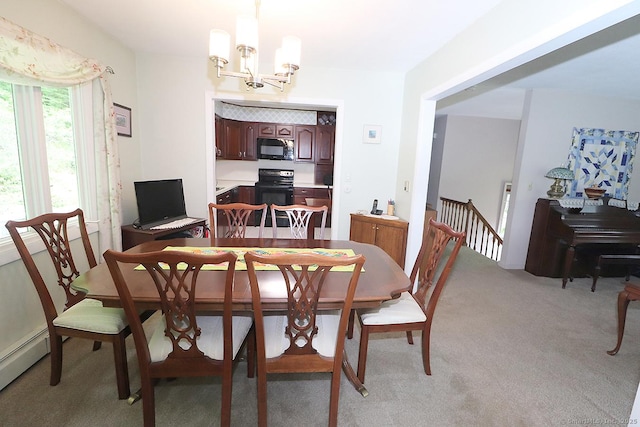 204 W Hill Rd, New Hartford, CT 06057 - dining space featuring baseboard heating, a chandelier, and light carpet