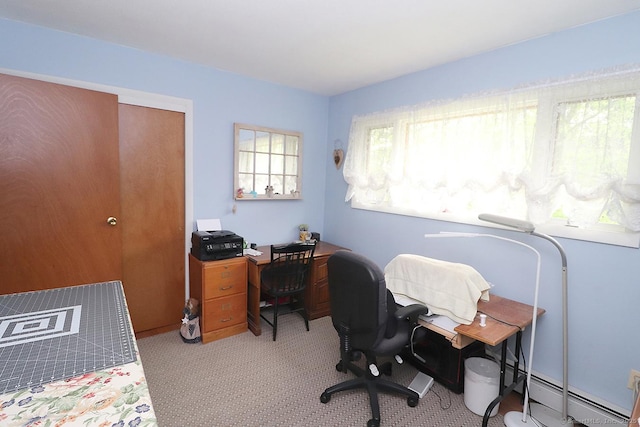 204 W Hill Rd, New Hartford, CT 06057 - office area featuring baseboard heating and light colored carpet