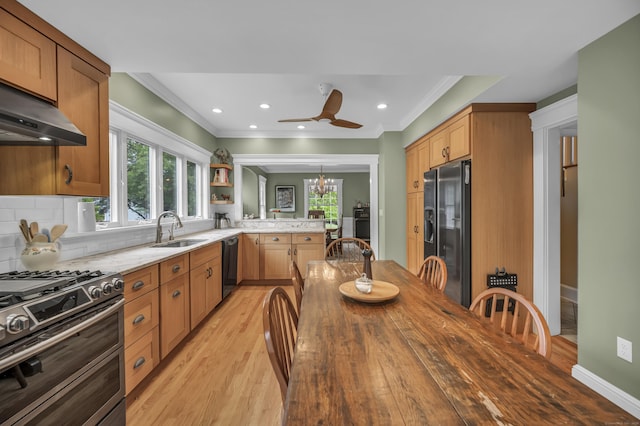 95 Parsons St, Wallingford, CT 06492 - kitchen with black fridge with ice dispenser, range with two ovens, dishwashing machine, crown molding, and light wood finished floors