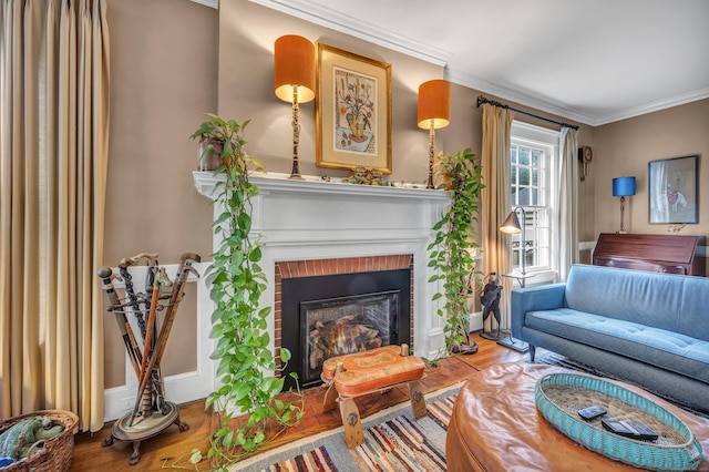 95 Parsons St, Wallingford, CT 06492 - living area with a brick fireplace, crown molding, and wood finished floors