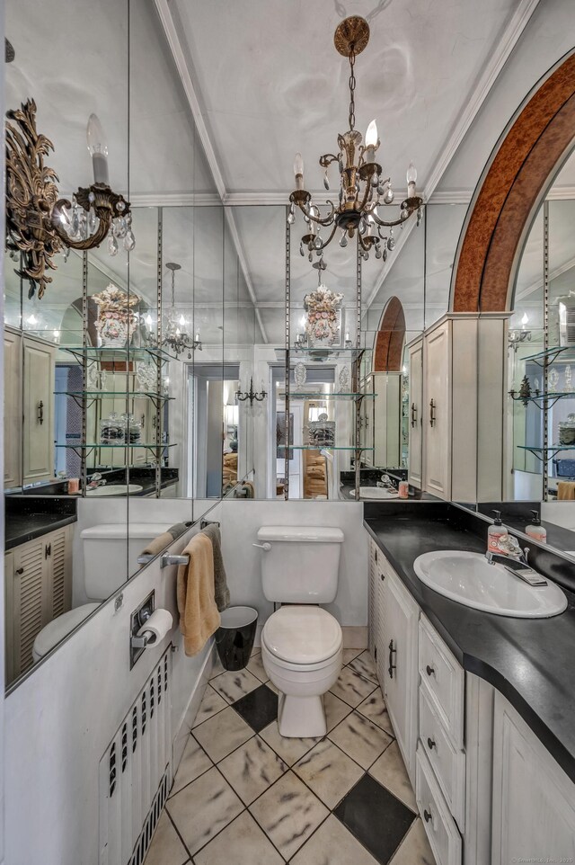 95 Parsons St, Wallingford, CT 06492 - bathroom featuring a chandelier, vanity, coffered ceiling, crown molding, and tile patterned flooring