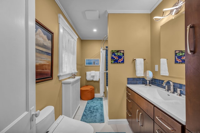 95 Parsons St, Wallingford, CT 06492 - bathroom with curtained shower, vanity, tile patterned flooring, and ornamental molding