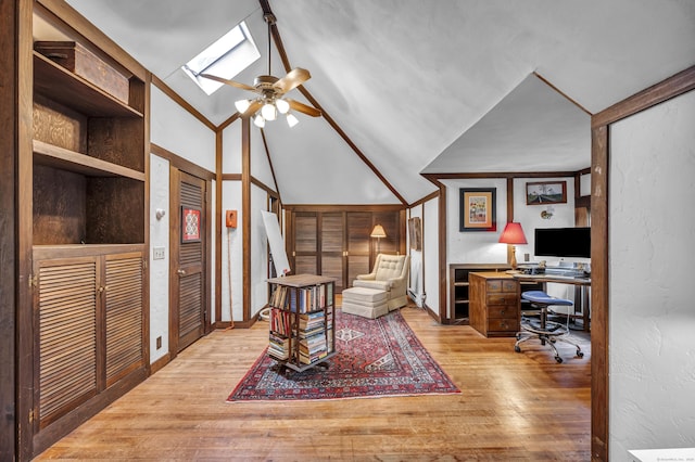 95 Parsons St, Wallingford, CT 06492 - office area with light wood-style flooring, ceiling fan, a skylight, and vaulted ceiling