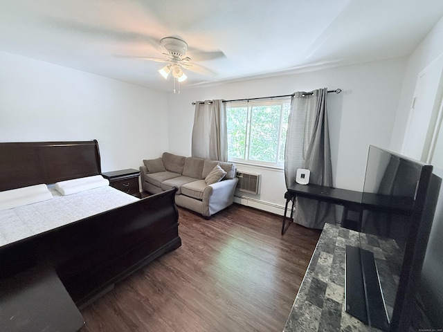 333 Vincellette St Unit 114, Bridgeport, CT 06606 - bedroom with baseboard heating, dark wood-type flooring, a wall mounted air conditioner, and a ceiling fan