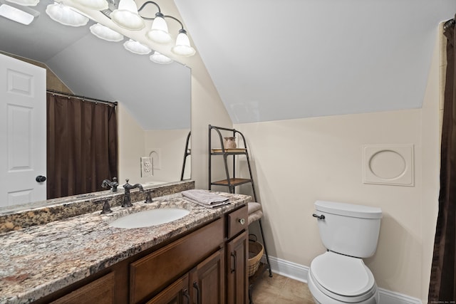 8 Marie Ln, Wallingford, CT 06492 - full bath featuring vaulted ceiling, vanity, tile patterned floors, and a shower with shower curtain