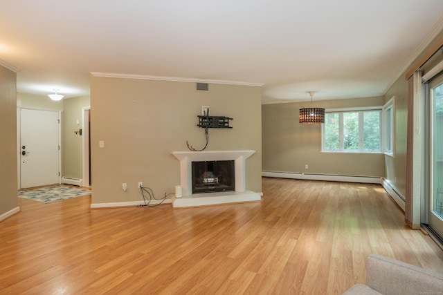 2 Talcott Gln Unit F, Farmington, CT 06032 - unfurnished living room featuring baseboard heating, light wood-style floors, a fireplace with raised hearth, and crown molding