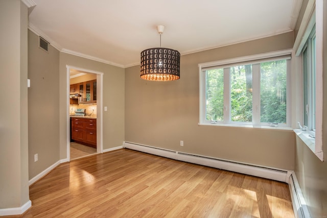 2 Talcott Gln Unit F, Farmington, CT 06032 - empty room with a baseboard heating unit, light wood-style floors, a chandelier, and crown molding