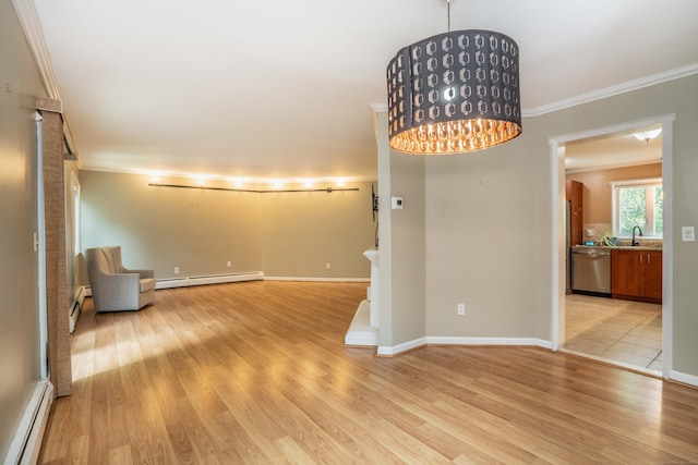 2 Talcott Gln Unit F, Farmington, CT 06032 - unfurnished room featuring baseboard heating, crown molding, light wood-style floors, and a baseboard heating unit