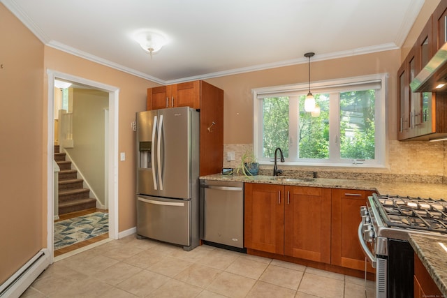 2 Talcott Gln Unit F, Farmington, CT 06032 - kitchen featuring appliances with stainless steel finishes, baseboard heating, brown cabinets, backsplash, and ornamental molding