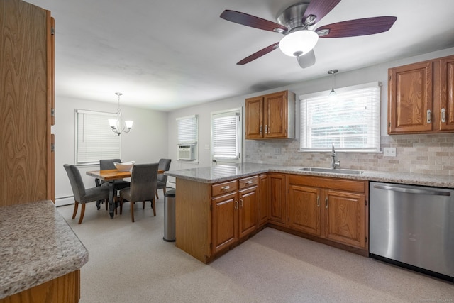 38 Evelyn Rd, Bristol, CT 06010 - kitchen featuring stainless steel dishwasher, brown cabinets, a peninsula, and tasteful backsplash