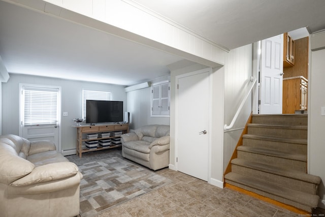 38 Evelyn Rd, Bristol, CT 06010 - living room featuring stairs and baseboard heating