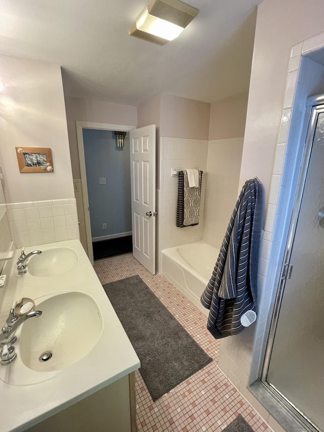 39 Mariner Cir, Trumbull, CT 06611 - bathroom with a bath, a stall shower, double vanity, and tile patterned flooring