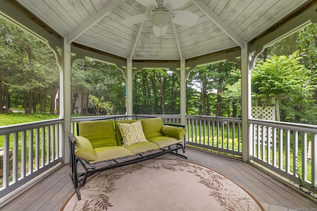 12 Haas Rd, Somers, CT 06071 - wooden deck featuring ceiling fan, a gazebo, and view of scattered trees