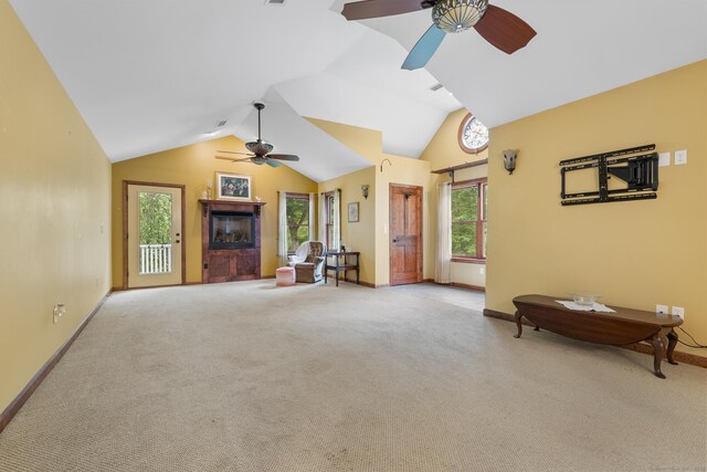 12 Haas Rd, Somers, CT 06071 - living room featuring a ceiling fan, carpet floors, vaulted ceiling, and a fireplace