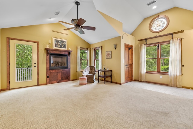 12 Haas Rd, Somers, CT 06071 - living area with carpet floors, a ceiling fan, a glass covered fireplace, and high vaulted ceiling