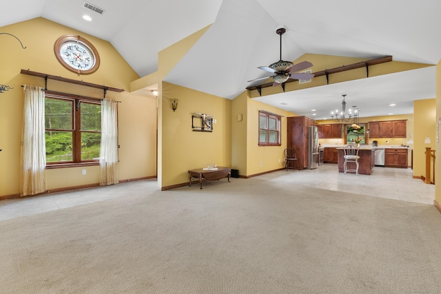 12 Haas Rd, Somers, CT 06071 - unfurnished living room with high vaulted ceiling, a chandelier, ceiling fan, light carpet, and recessed lighting