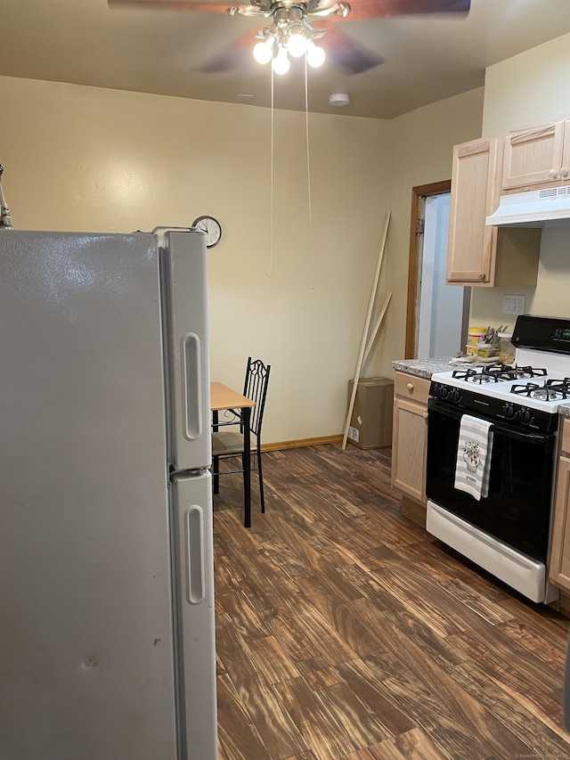 90 Olive St, Bridgeport, CT 06605 - kitchen with black gas range, freestanding refrigerator, under cabinet range hood, ceiling fan, and dark wood finished floors