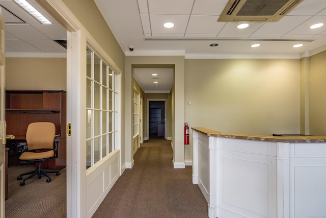 3 Essex Sq, Essex, CT 06426 - corridor featuring dark carpet, crown molding, an office area, and recessed lighting