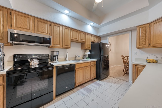 33 Langdon Ct Apt Cl4, Berlin, CT 06037 - kitchen featuring black appliances, light countertops, light tile patterned floors, recessed lighting, and ceiling fan