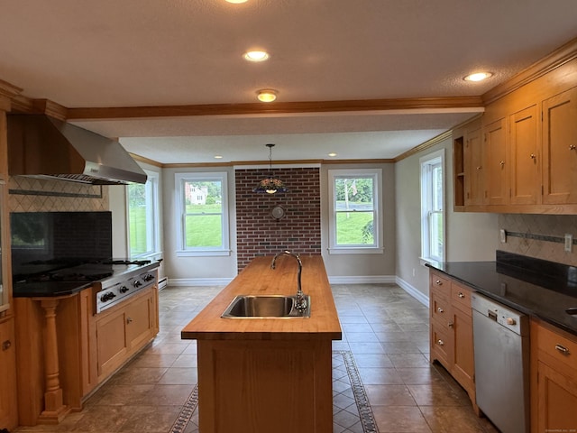 491 Main St, Somers, CT 06071 - kitchen featuring white dishwasher, wall chimney exhaust hood, crown molding, backsplash, and inlaid floor details