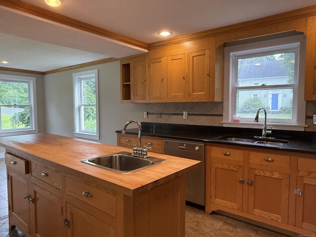 491 Main St, Somers, CT 06071 - kitchen with wood counters, dishwasher, light tile patterned floors, ornamental molding, and an island with sink