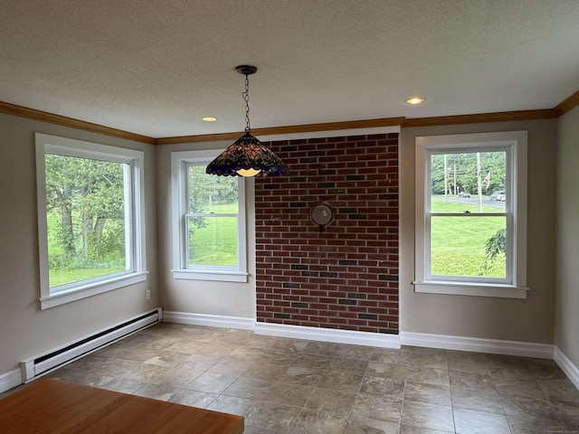 491 Main St, Somers, CT 06071 - unfurnished dining area featuring a baseboard heating unit, healthy amount of natural light, ornamental molding, a textured ceiling, and stone finish floors