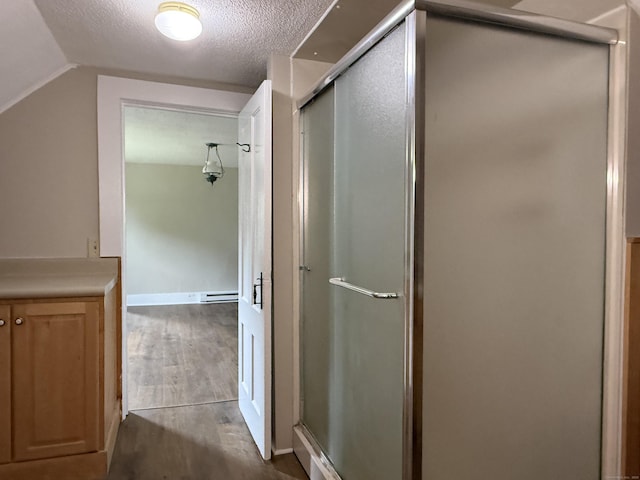 491 Main St, Somers, CT 06071 - bathroom featuring a textured ceiling, wood finished floors, a stall shower, and vaulted ceiling