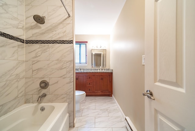 19 Heather Ct Unit 19, Cromwell, CT 06416 - full bath featuring marble look tile flooring, double vanity, shower / washtub combination, and a baseboard heating unit