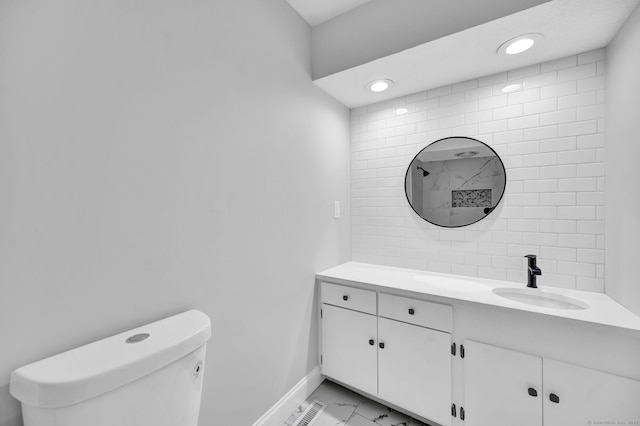 170 Heritage Vlg Unit B, Southbury, CT 06488 - full bathroom featuring marble finish floors, vanity, recessed lighting, and tiled shower