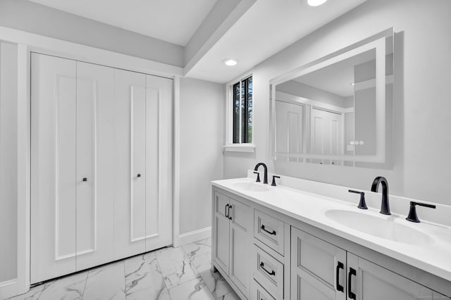 170 Heritage Vlg Unit B, Southbury, CT 06488 - full bath featuring double vanity, marble look tile flooring, and recessed lighting
