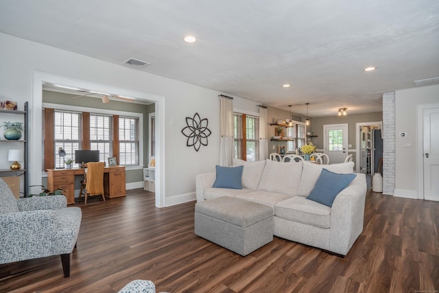 67 Nott St, Wethersfield, CT 06109 - living area featuring an office area, dark wood finished floors, recessed lighting, and ceiling fan