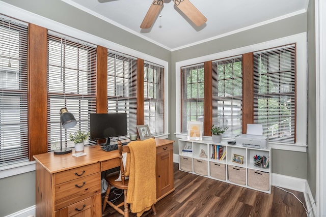 67 Nott St, Wethersfield, CT 06109 - office area with ceiling fan, dark wood-style flooring, healthy amount of natural light, and ornamental molding