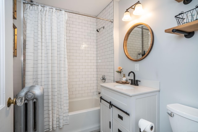 67 Nott St, Wethersfield, CT 06109 - bathroom featuring radiator heating unit, vanity, and shower / bath combination with curtain