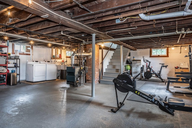 67 Nott St, Wethersfield, CT 06109 - basement featuring washing machine and dryer, stairway, and a heating unit