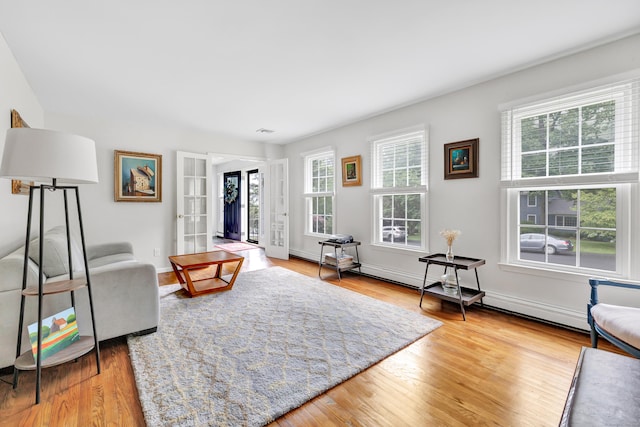 31 Stable Ridge Rd, Monroe, CT 06468 - living area with healthy amount of natural light, light wood-type flooring, french doors, and a baseboard radiator