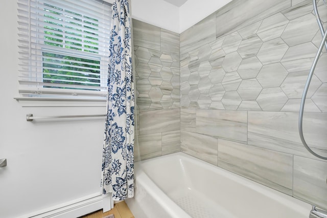 31 Stable Ridge Rd, Monroe, CT 06468 - bathroom featuring a baseboard heating unit and shower / tub combo with curtain