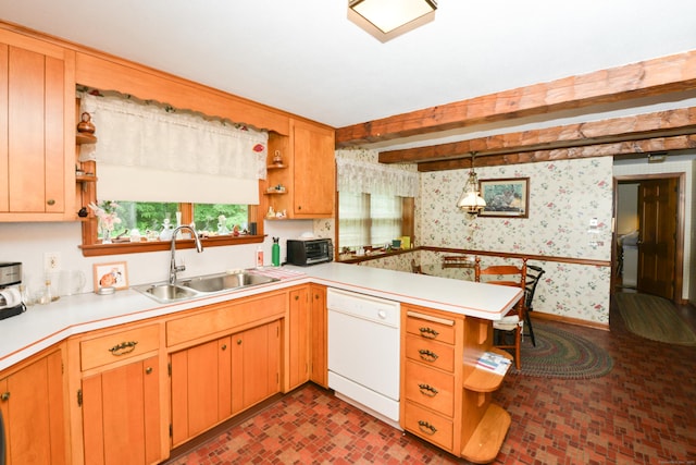 110 Woodfield Rd, Bristol, CT 06010 - kitchen featuring open shelves, white dishwasher, wallpapered walls, light countertops, and a peninsula