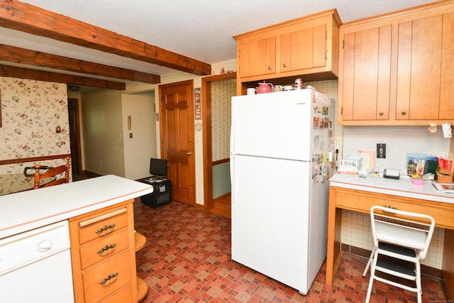 110 Woodfield Rd, Bristol, CT 06010 - kitchen with white appliances, light countertops, wallpapered walls, built in desk, and beam ceiling