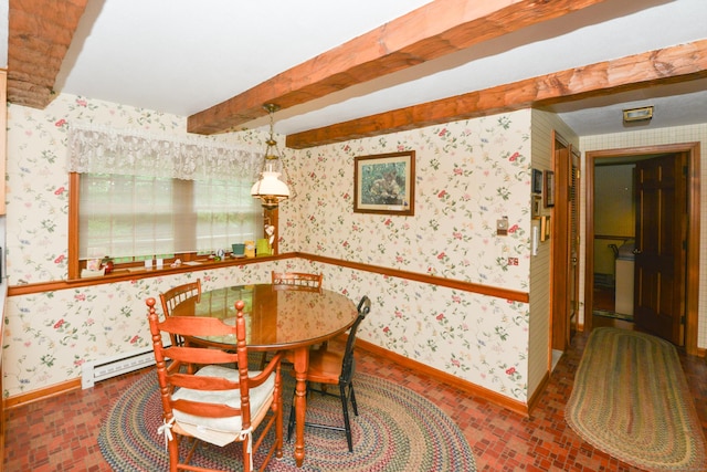 110 Woodfield Rd, Bristol, CT 06010 - dining space with brick patterned floors, wallpapered walls, a baseboard radiator, and beamed ceiling