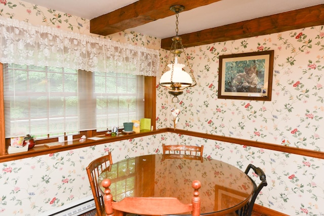 110 Woodfield Rd, Bristol, CT 06010 - dining room with wallpapered walls, beamed ceiling, and a baseboard radiator