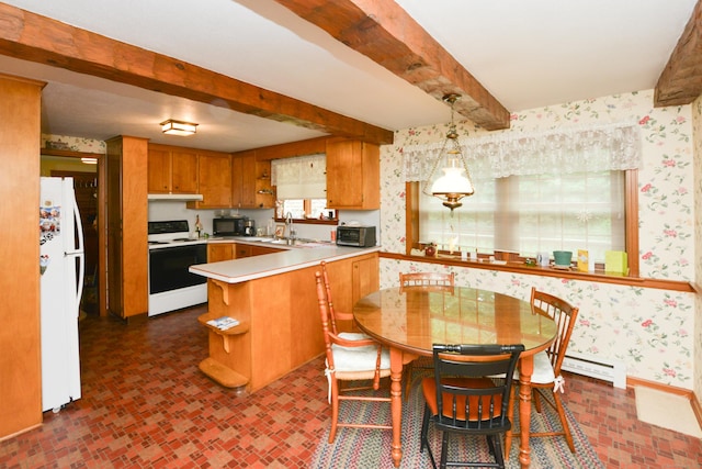 110 Woodfield Rd, Bristol, CT 06010 - kitchen featuring white appliances, wallpapered walls, a peninsula, light countertops, and brick patterned floors