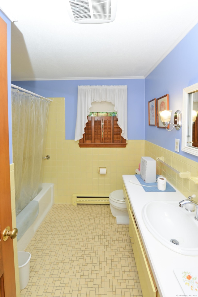 110 Woodfield Rd, Bristol, CT 06010 - full bathroom with a baseboard radiator, tile walls, vanity, shower / bath combo, and ornamental molding