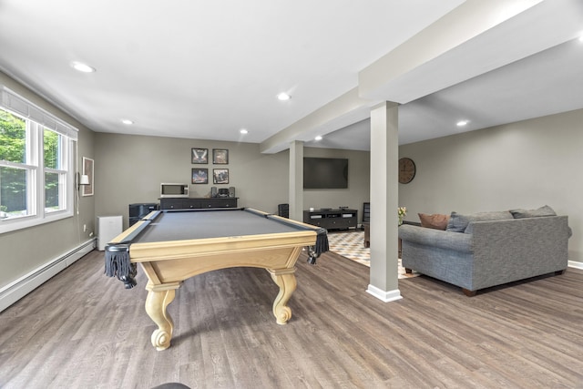 109 Hemlock Dr, Killingworth, CT 06419 - recreation room with wood finished floors, pool table, recessed lighting, and a baseboard heating unit