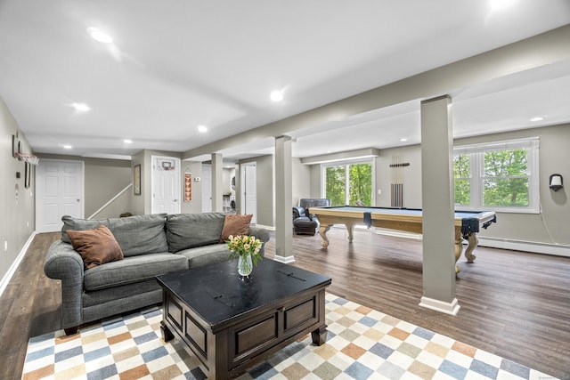 109 Hemlock Dr, Killingworth, CT 06419 - living room featuring pool table, a baseboard radiator, light wood finished floors, plenty of natural light, and recessed lighting