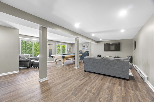 109 Hemlock Dr, Killingworth, CT 06419 - living room featuring baseboard heating, billiards, dark wood-style floors, recessed lighting, and decorative columns