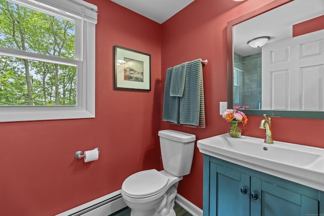 109 Hemlock Dr, Killingworth, CT 06419 - bathroom with vanity, a baseboard heating unit, and tiled shower