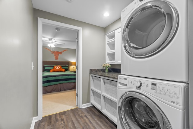 109 Hemlock Dr, Killingworth, CT 06419 - washroom featuring stacked washer / drying machine, dark wood-type flooring, ceiling fan, and recessed lighting