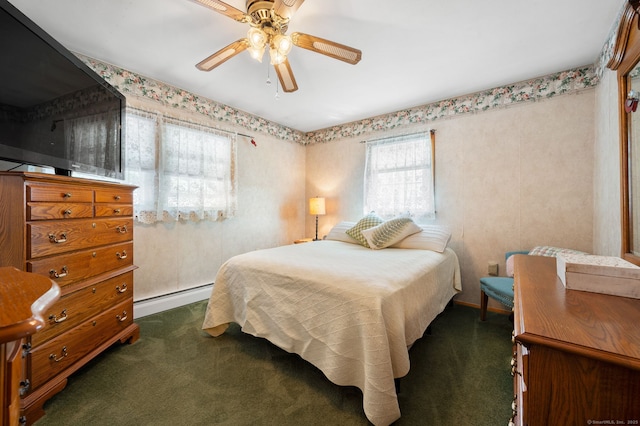 43 Dimmock Rd, Waterford, CT 06385 - bedroom featuring a baseboard heating unit, dark colored carpet, and ceiling fan