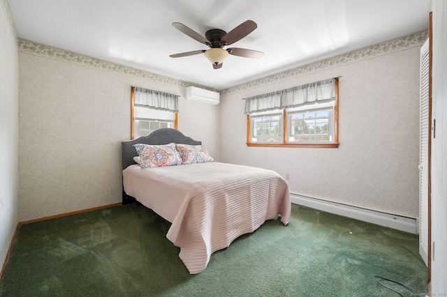 43 Dimmock Rd, Waterford, CT 06385 - bedroom with multiple windows, baseboard heating, an AC wall unit, and carpet floors